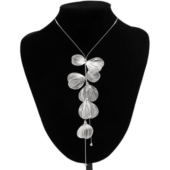 Boho Ginkgo Leaf Silver Y Necklace | Long Floral Pendant Jewelry. - Picture 1 of 9
